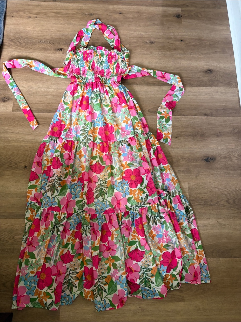 Flying Tomato Pink Multi Floral Smocked Cross Strap and Tie Maxi Dress